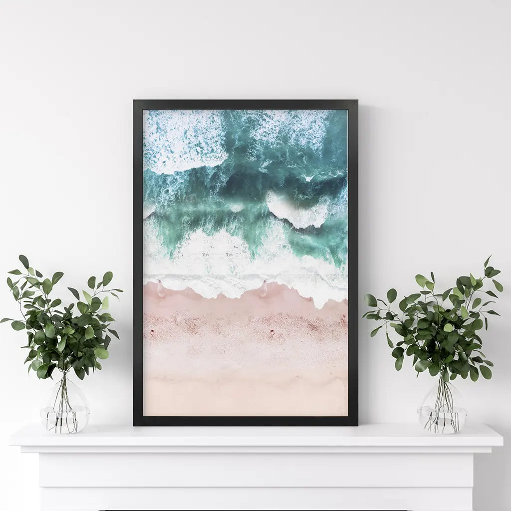 Aerial Coastal Ocean Wall Decor. Pink Beach, Blue Waves