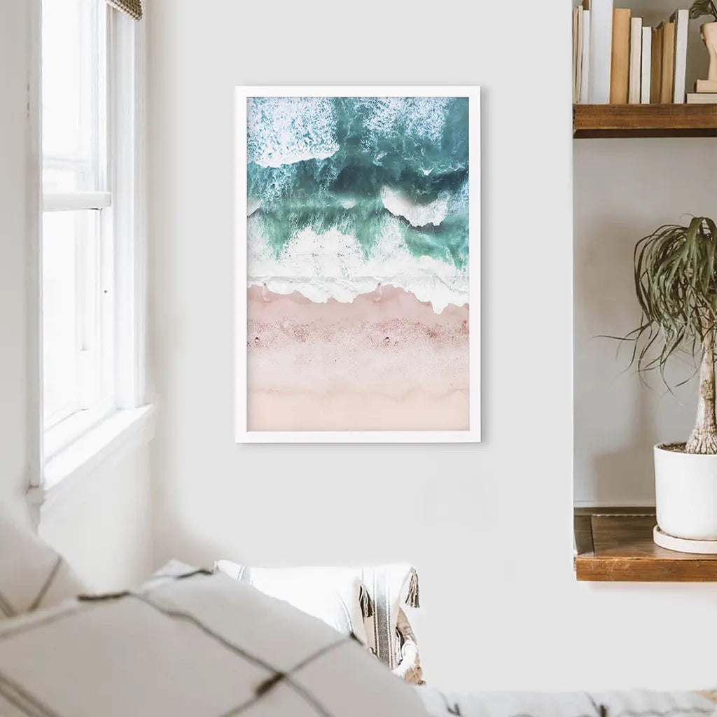 Aerial Coastal Ocean Wall Decor. Pink Beach, Blue Waves