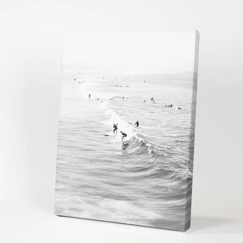 Black White Surfers on the Waves Wall Art Print