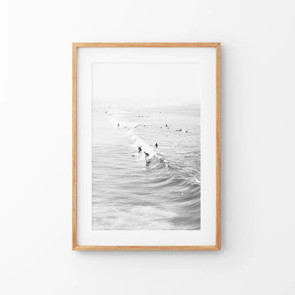 Black White Surfers on the Waves Wall Art Print