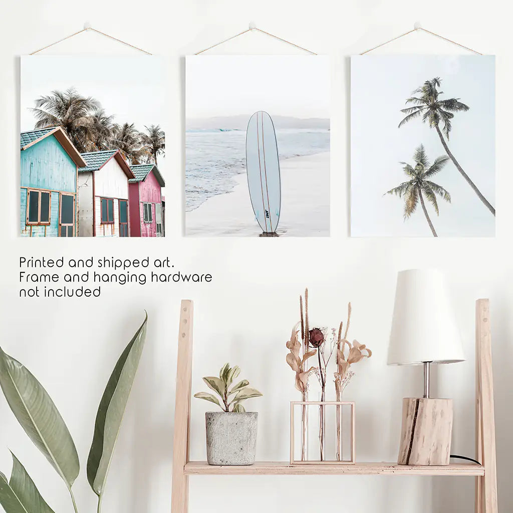 California Boho Wall Art. Surfboard, Palms, Beach, Cabins