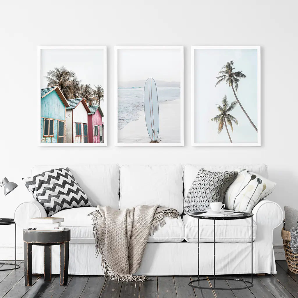 California Boho Wall Art. Surfboard, Palms, Beach, Cabins