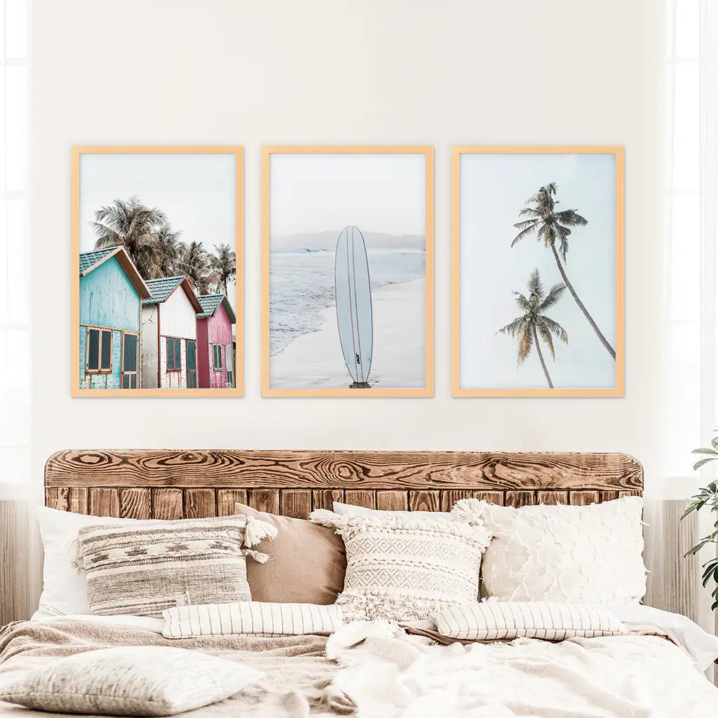 California Boho Wall Art. Surfboard, Palms, Beach, Cabins