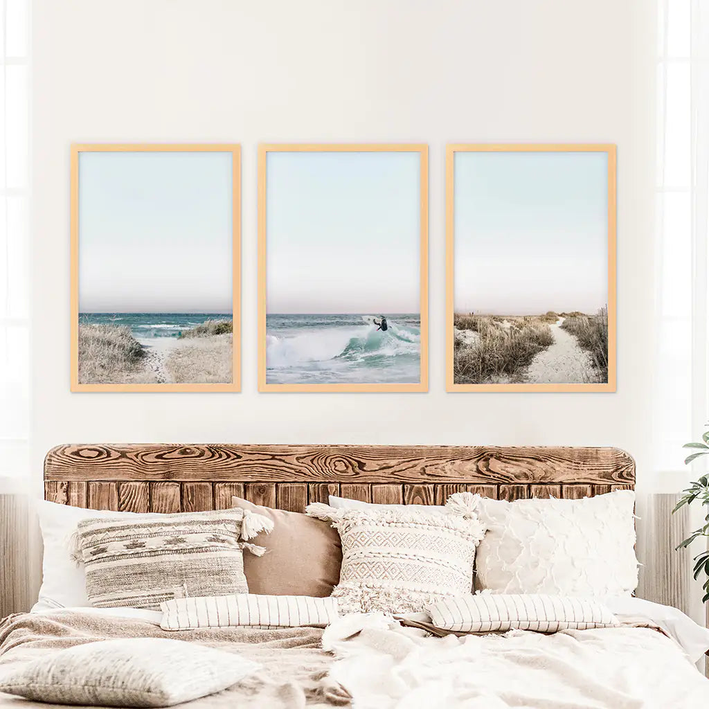 Ocean Surfing 3 Piece Wall Art. Blue Waves, Sandy Beach Path