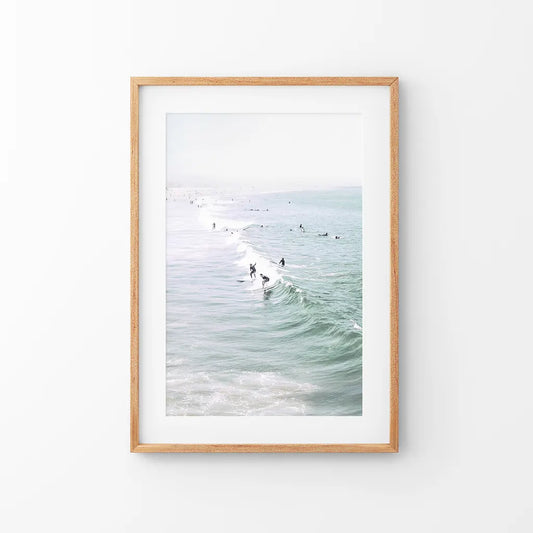 Pastel California Beach Print. Surfers and Ocean Waves