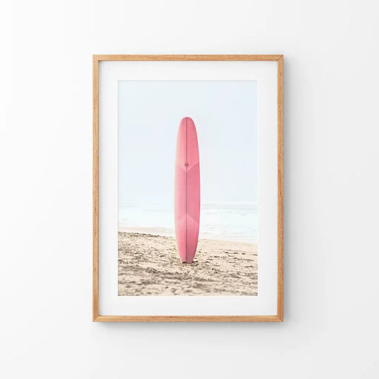 Pink Surfboard on a Sandy Beach Print. California Summer